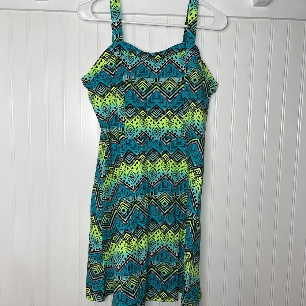 Spaghetti straps summer dress Justice Neon geometric‎ pattern dress size 18/20